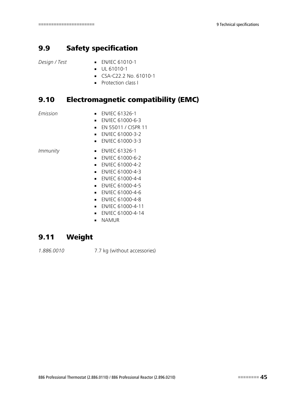 9 safety specification, 10 electromagnetic compatibility (emc), 11 weight | Safety specification | Metrohm 886 Prof.Thermostat/Reactor User Manual | Page 53 / 66