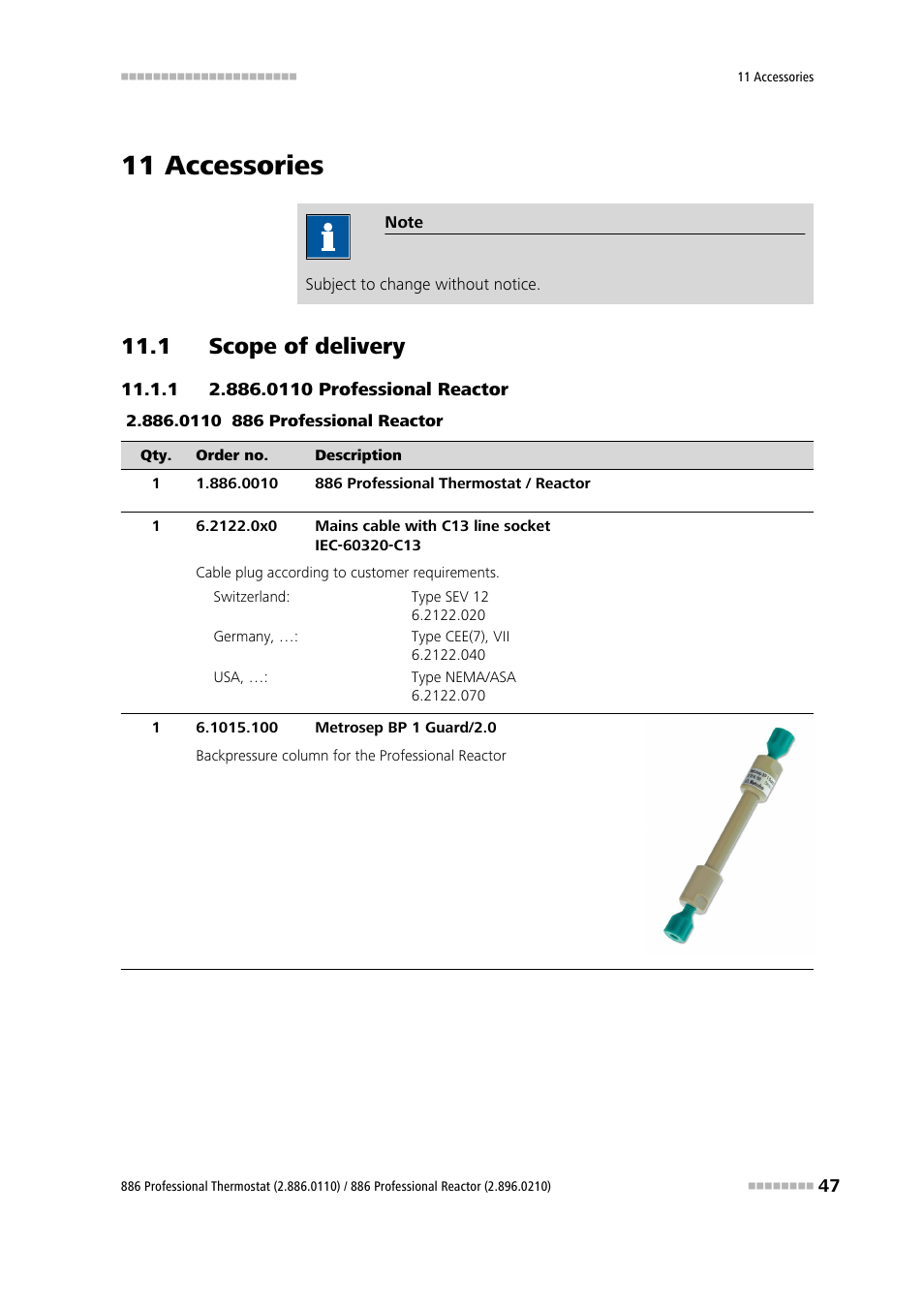 11 accessories, 1 scope of delivery, 1 2.886.0110 professional reactor | 0110 professional reactor | Metrohm 886 Prof.Thermostat/Reactor User Manual | Page 55 / 66