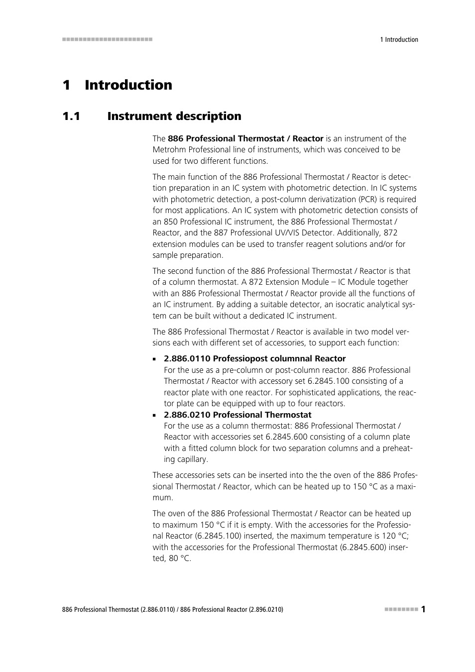 1 introduction, 1 instrument description, Instrument description | Metrohm 886 Prof.Thermostat/Reactor User Manual | Page 9 / 66