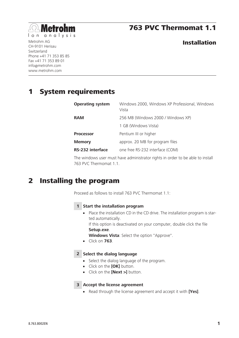 Metrohm 763 PVC Thermomat Installation User Manual | 2 pages