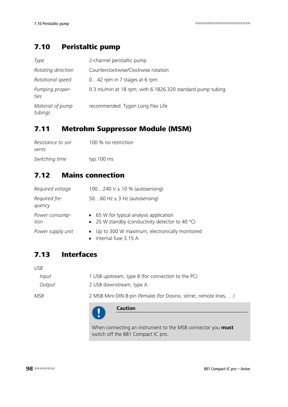 10 peristaltic pump, 11 metrohm suppressor module (msm), 12 mains connection | 13 interfaces | Metrohm 881 Compact IC pro – Anion User Manual | Page 108 / 129