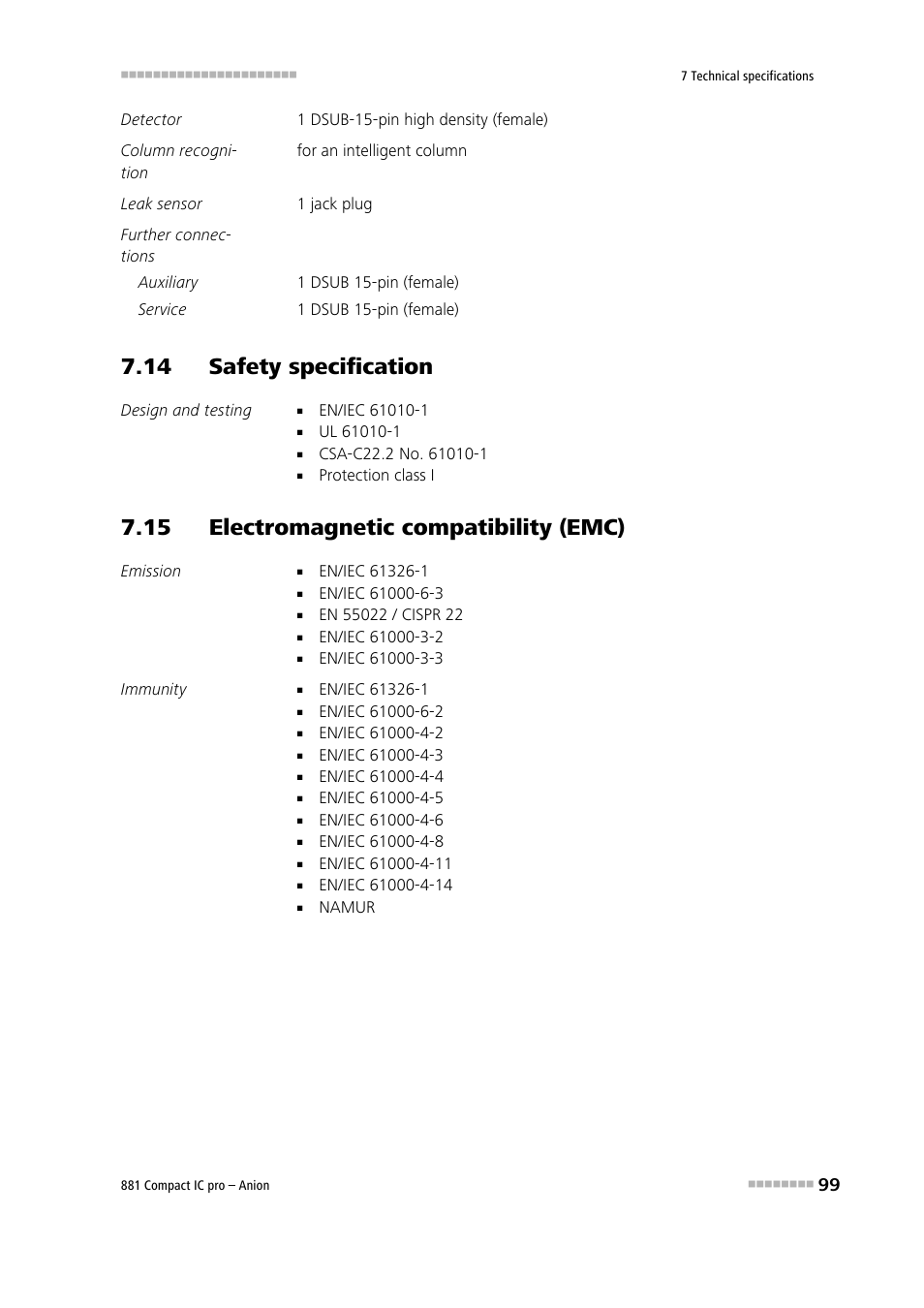 14 safety specification, 15 electromagnetic compatibility (emc) | Metrohm 881 Compact IC pro – Anion User Manual | Page 109 / 129