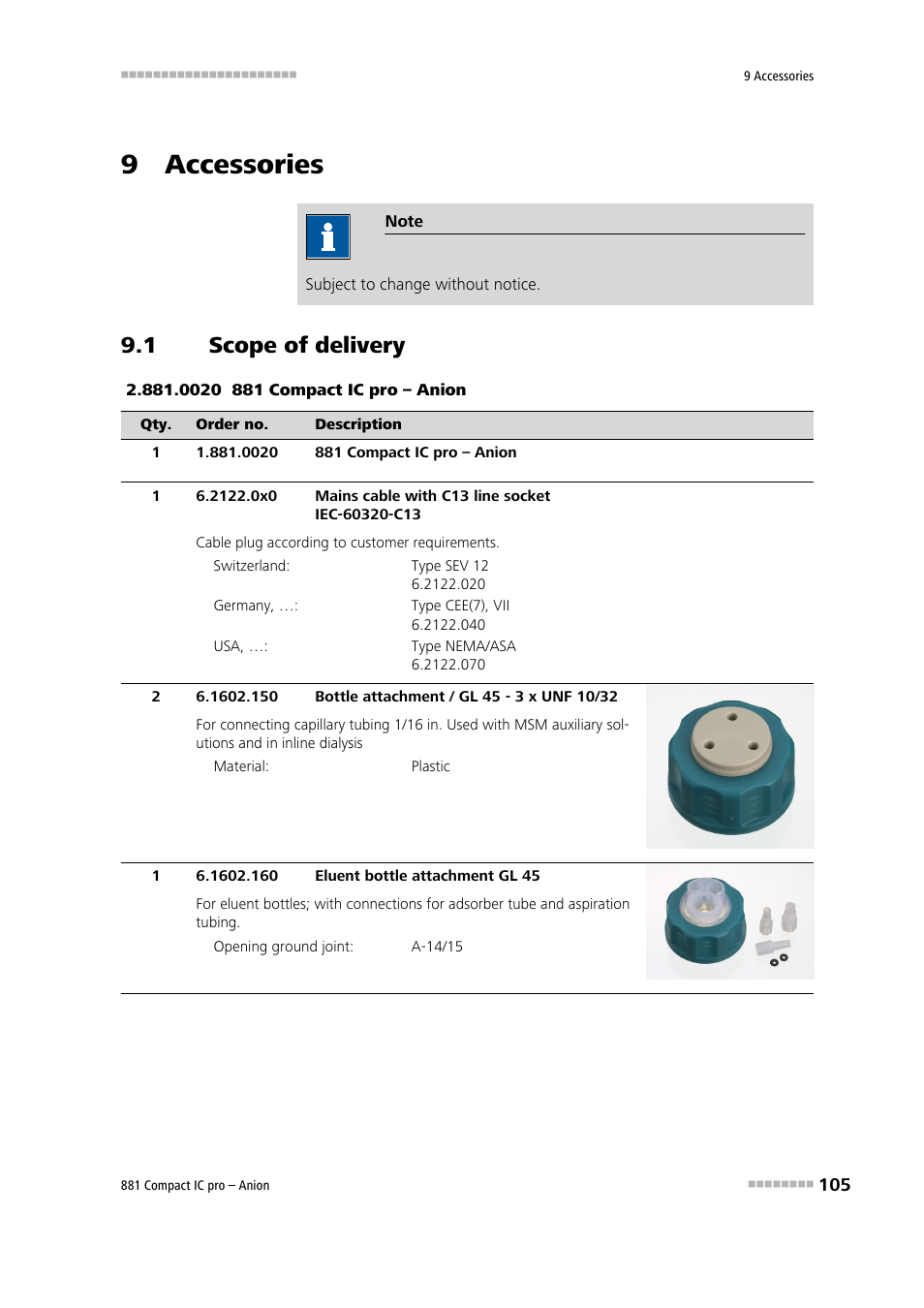 9 accessories, 1 scope of delivery, Scope of delivery | Metrohm 881 Compact IC pro – Anion User Manual | Page 115 / 129