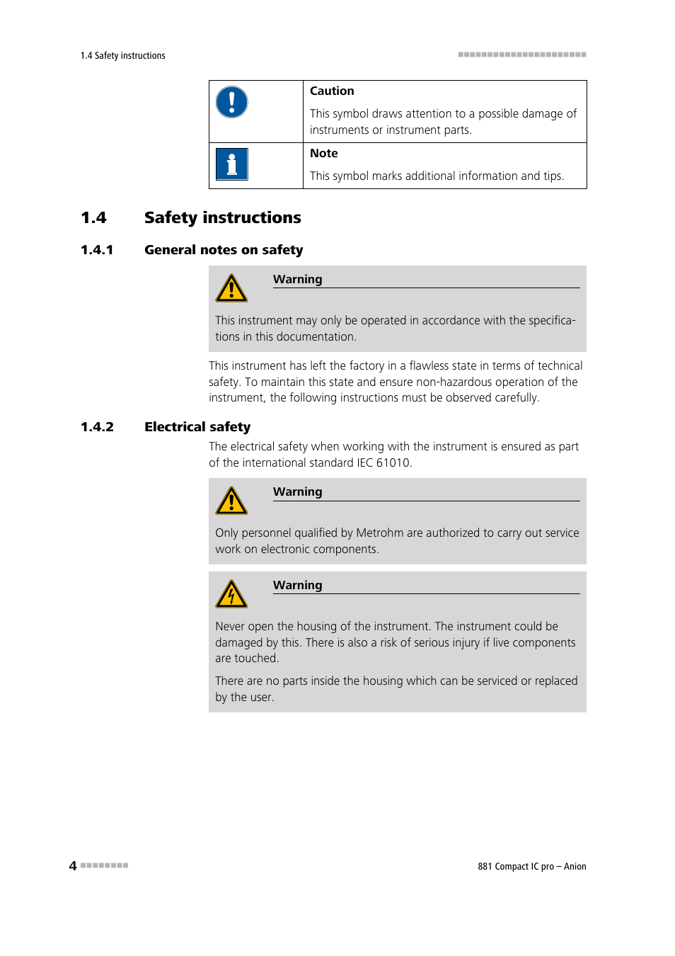 4 safety instructions, 1 general notes on safety, 2 electrical safety | Safety instructions, General notes on safety, Electrical safety | Metrohm 881 Compact IC pro – Anion User Manual | Page 14 / 129