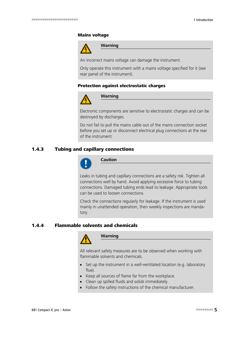 3 tubing and capillary connections, 4 flammable solvents and chemicals, Tubing and capillary connections | Flammable solvents and chemicals | Metrohm 881 Compact IC pro – Anion User Manual | Page 15 / 129