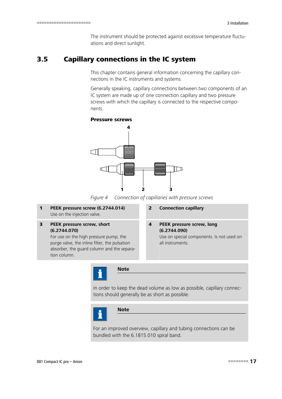 5 capillary connections in the ic system, Capillary connections in the ic system, Figure 4 | Connection of capillaries with pressure screws | Metrohm 881 Compact IC pro – Anion User Manual | Page 27 / 129