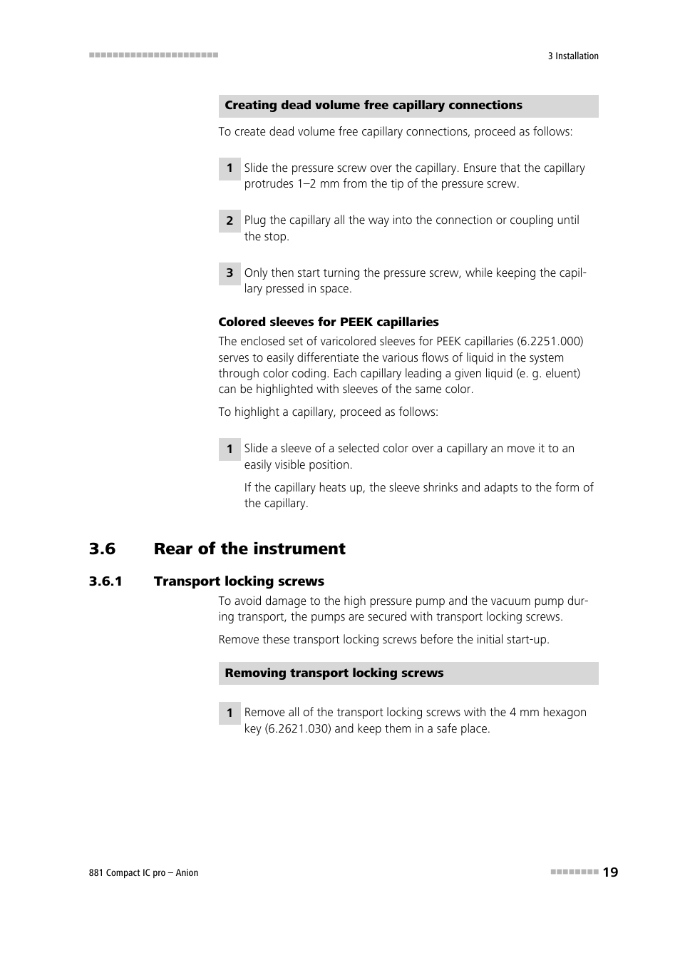 6 rear of the instrument, 1 transport locking screws, Rear of the instrument | Transport locking screws | Metrohm 881 Compact IC pro – Anion User Manual | Page 29 / 129