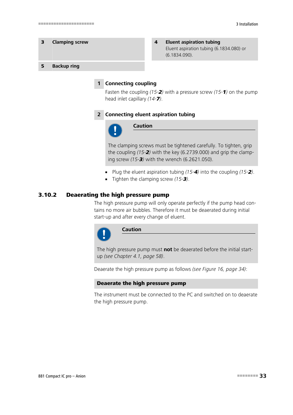 2 deaerating the high pressure pump, Deaerating the high pressure pump, Lary (15 | To the input of the high pressure | Metrohm 881 Compact IC pro – Anion User Manual | Page 43 / 129