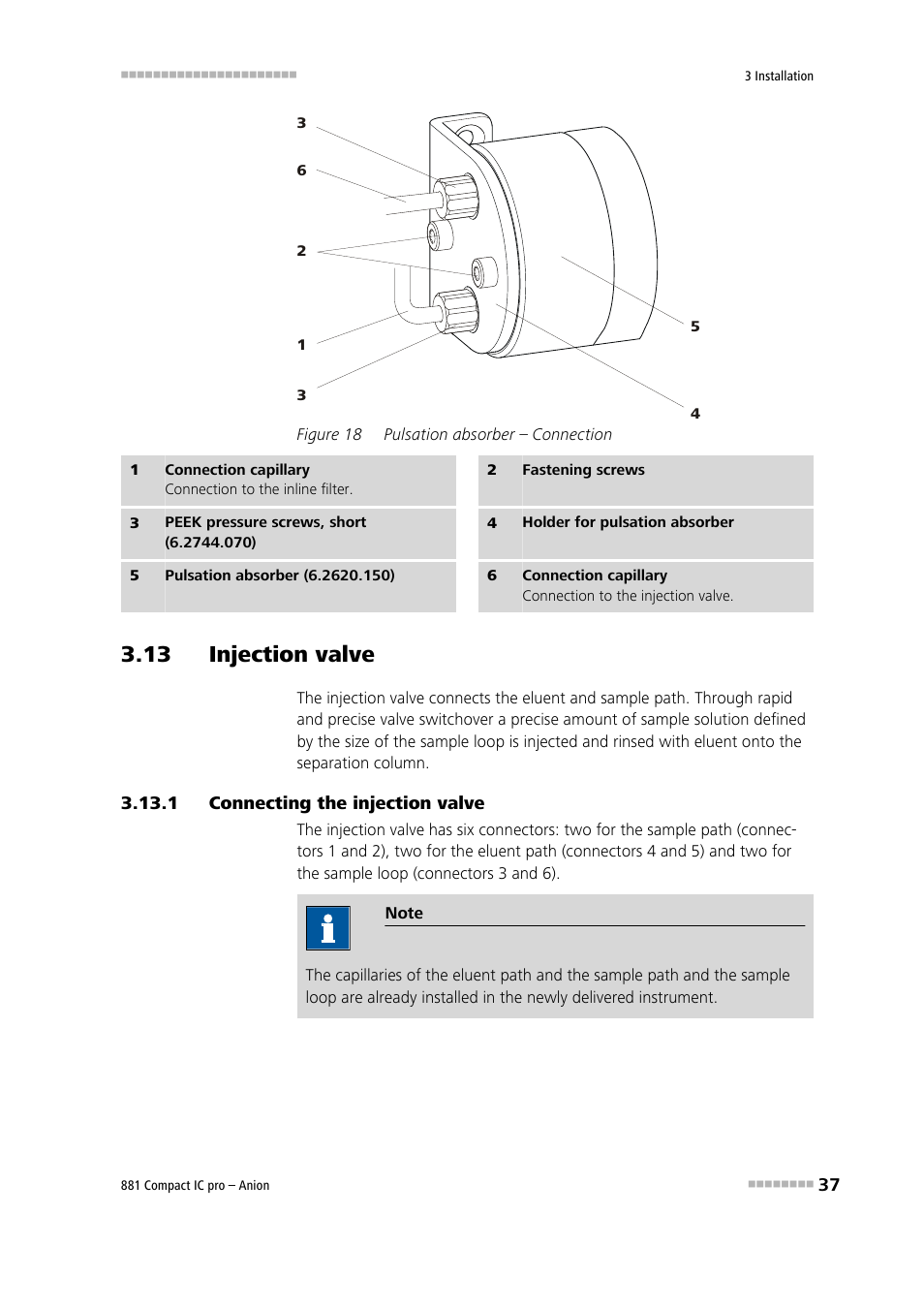 13 injection valve, 1 connecting the injection valve, Connecting the injection valve | Figure 18, Pulsation absorber – connection | Metrohm 881 Compact IC pro – Anion User Manual | Page 47 / 129