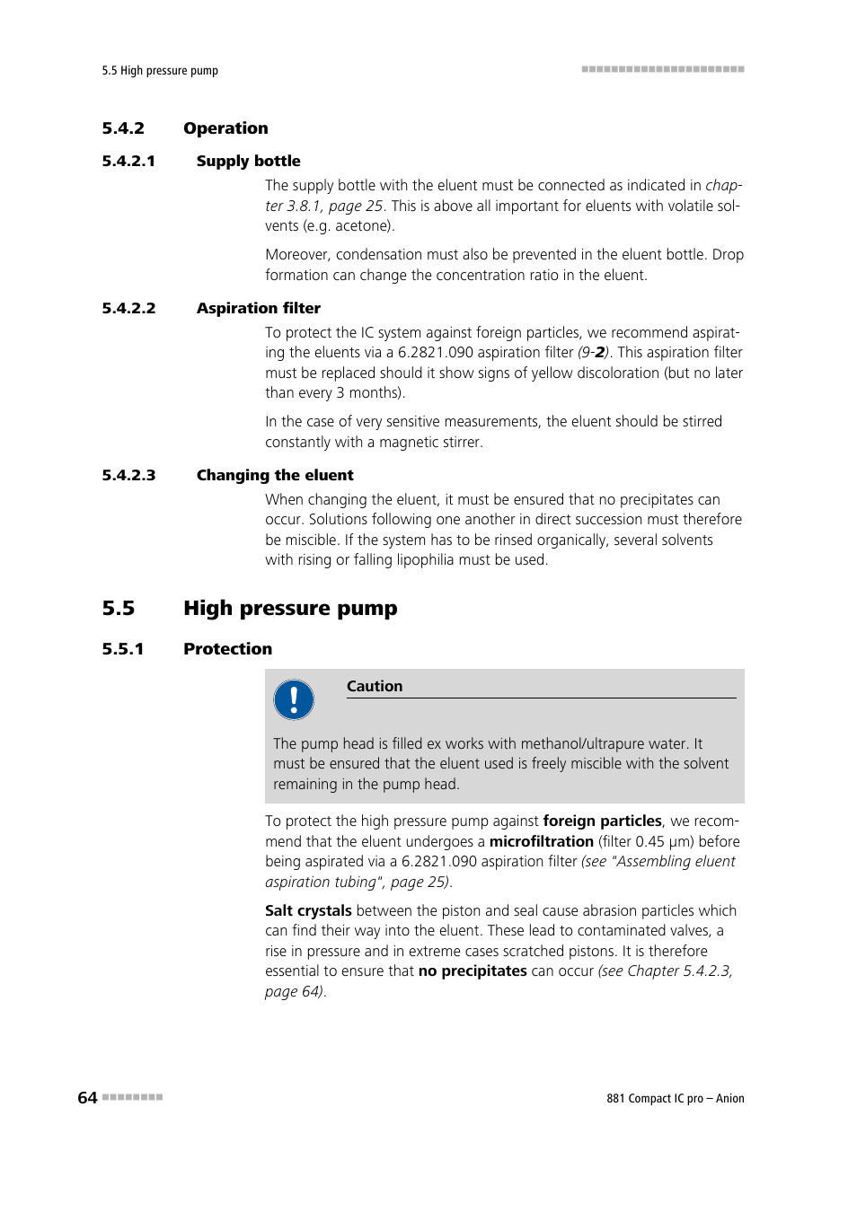 2 operation, 1 supply bottle, 2 aspiration filter | 3 changing the eluent, 5 high pressure pump, 1 protection, Operation, High pressure pump, Protection | Metrohm 881 Compact IC pro – Anion User Manual | Page 74 / 129