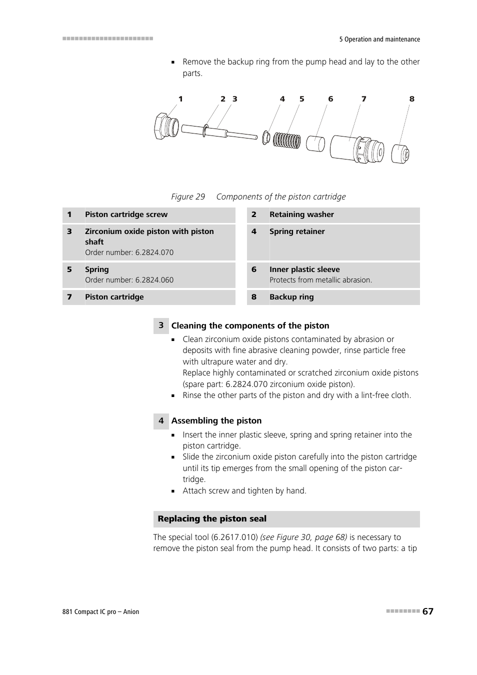 Figure 29, Components of the piston cartridge | Metrohm 881 Compact IC pro – Anion User Manual | Page 77 / 129