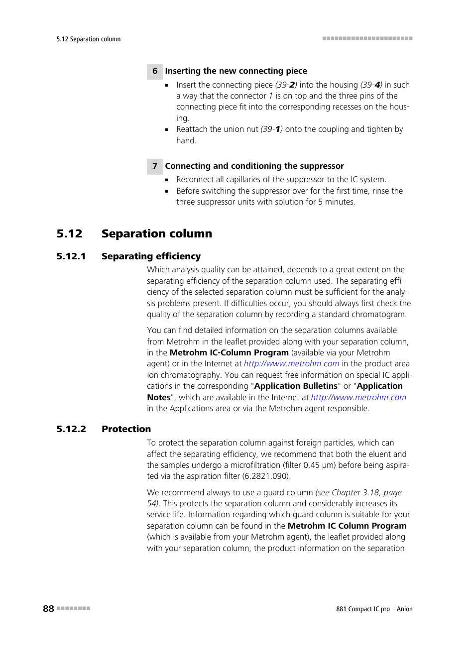 12 separation column, 1 separating efficiency, 2 protection | Separating efficiency, Protection | Metrohm 881 Compact IC pro – Anion User Manual | Page 98 / 129