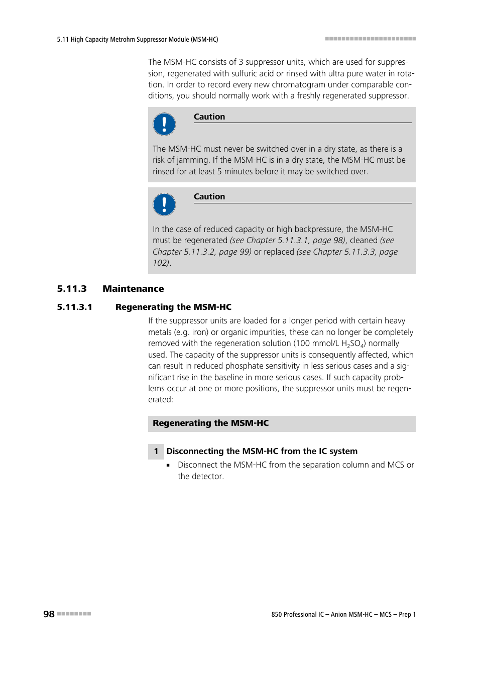 3 maintenance, 1 regenerating the msm‑hc, Maintenance | Metrohm 850 Professional IC Anion MSM-HC MCS Prep 1 User Manual | Page 108 / 151