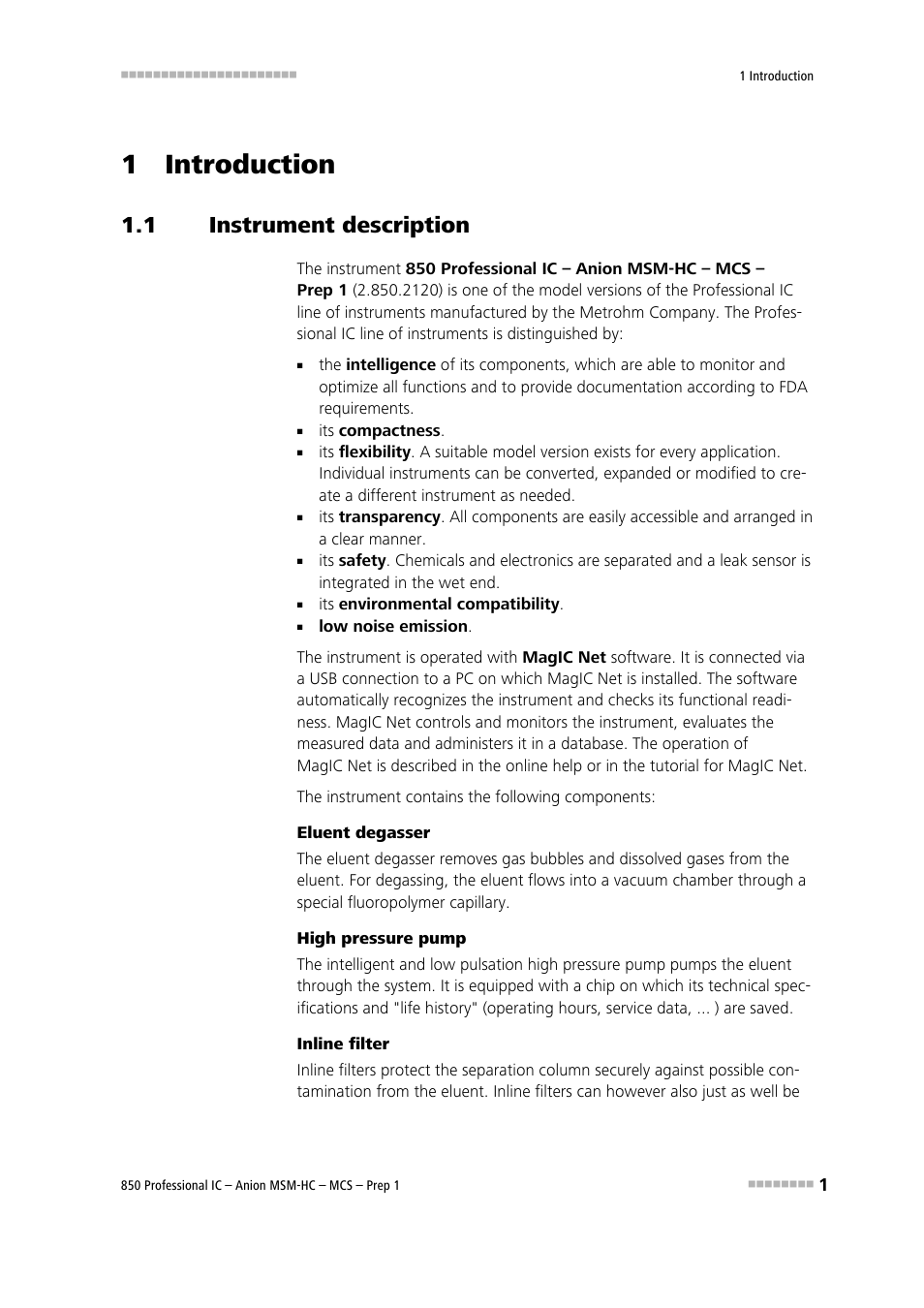 1 introduction, 1 instrument description, Instrument description | Metrohm 850 Professional IC Anion MSM-HC MCS Prep 1 User Manual | Page 11 / 151