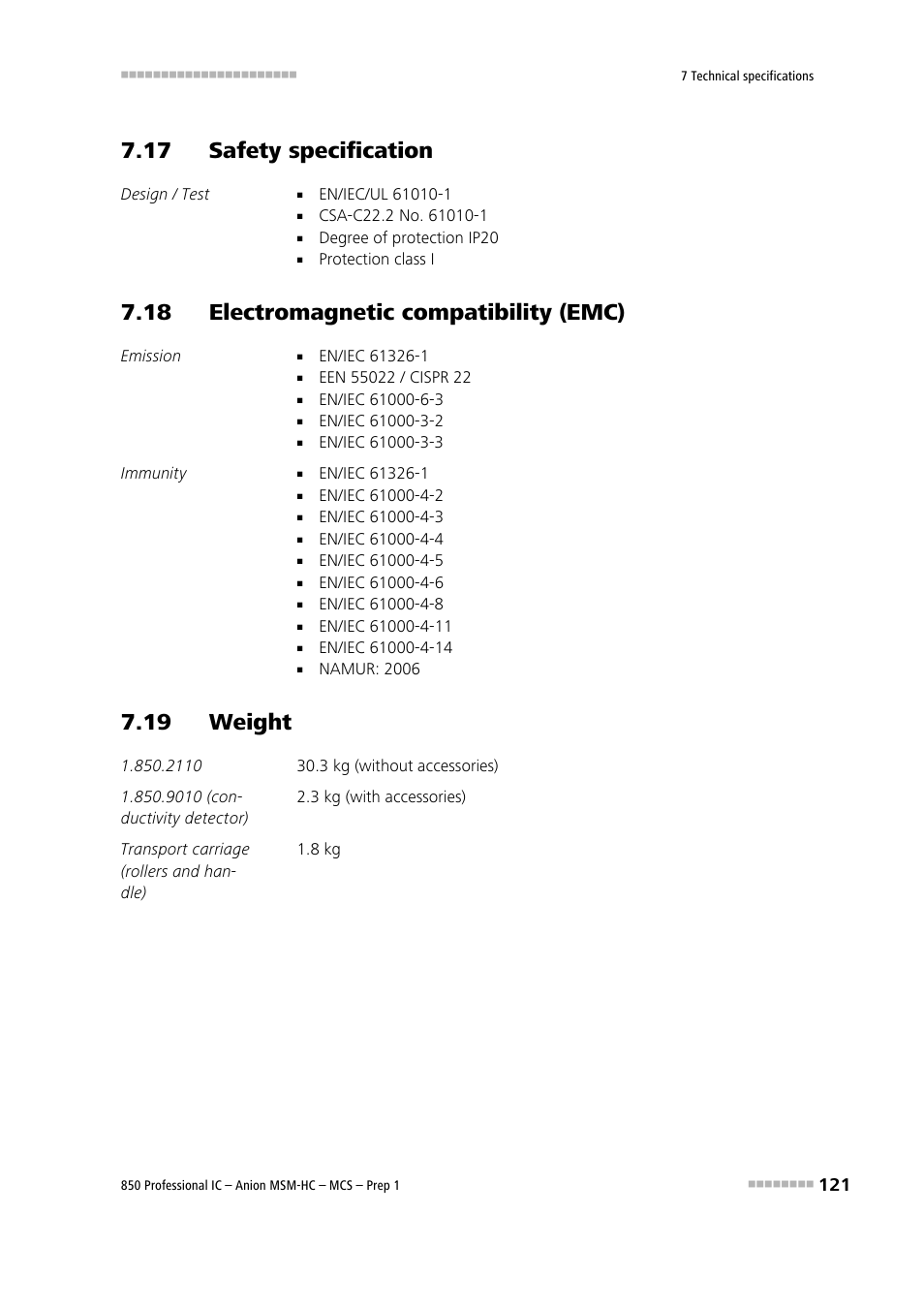 17 safety specification, 18 electromagnetic compatibility (emc), 19 weight | Metrohm 850 Professional IC Anion MSM-HC MCS Prep 1 User Manual | Page 131 / 151