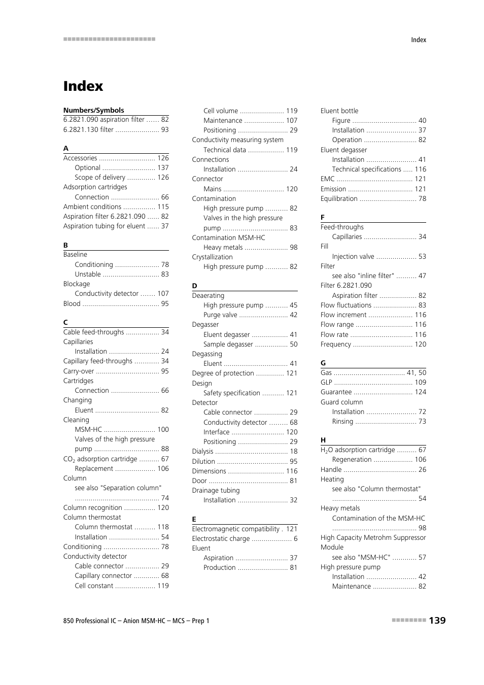 Index | Metrohm 850 Professional IC Anion MSM-HC MCS Prep 1 User Manual | Page 149 / 151