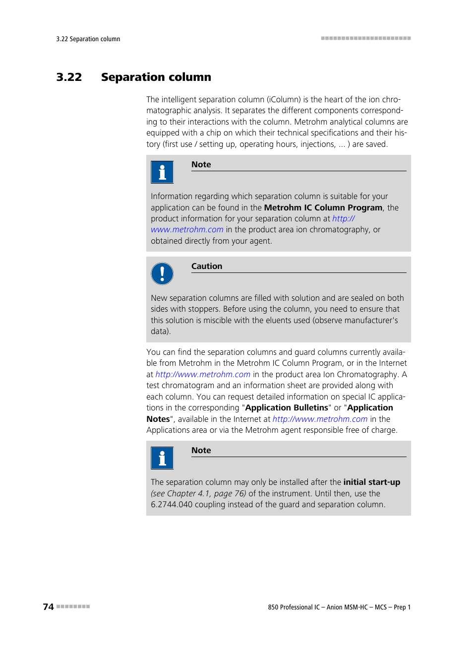 22 separation column | Metrohm 850 Professional IC Anion MSM-HC MCS Prep 1 User Manual | Page 84 / 151