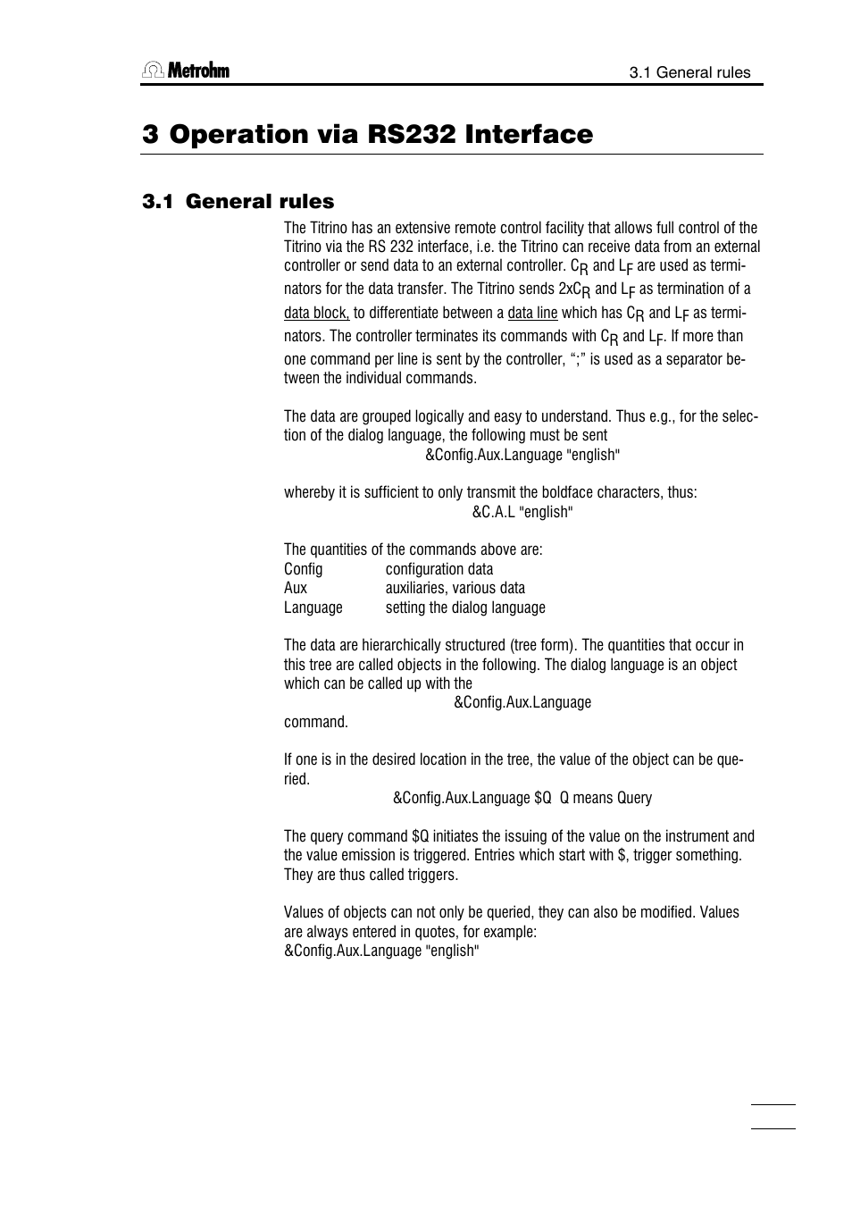 1 general rules, 2 remote control commands, 3 properties of the rs 232 interface | 3 operation via rs232 interface | Metrohm 751 GPD Titrino User Manual | Page 108 / 240