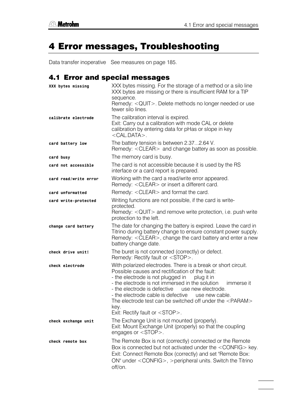 4 error messages, troubleshooting, 1 error and special messages | Metrohm 751 GPD Titrino User Manual | Page 190 / 240