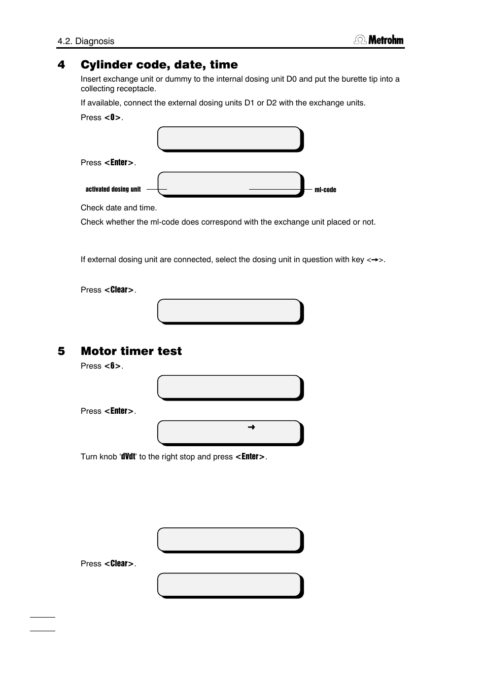 4 cylinder code, date, time, 5 motor timer test | Metrohm 751 GPD Titrino User Manual | Page 199 / 240