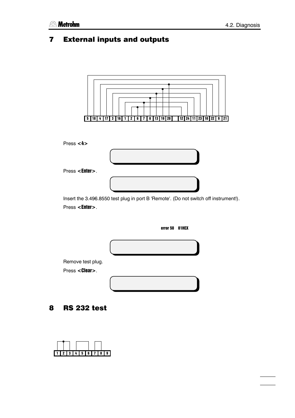 7 external inputs and outputs, 8 rs 232 test, Diagnosis | Metrohm 751 GPD Titrino User Manual | Page 202 / 240