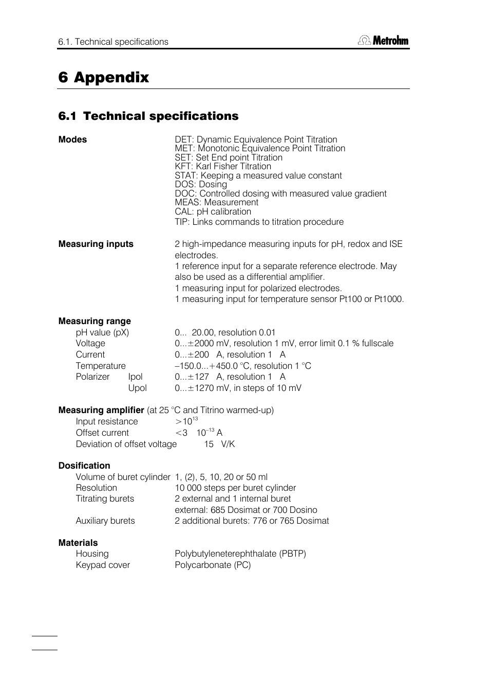 6 appendix, 3 titrino validation, 4 warranty and certificates | 5 scope of delivery and ordering designations, 1 technical specifications | Metrohm 751 GPD Titrino User Manual | Page 221 / 240