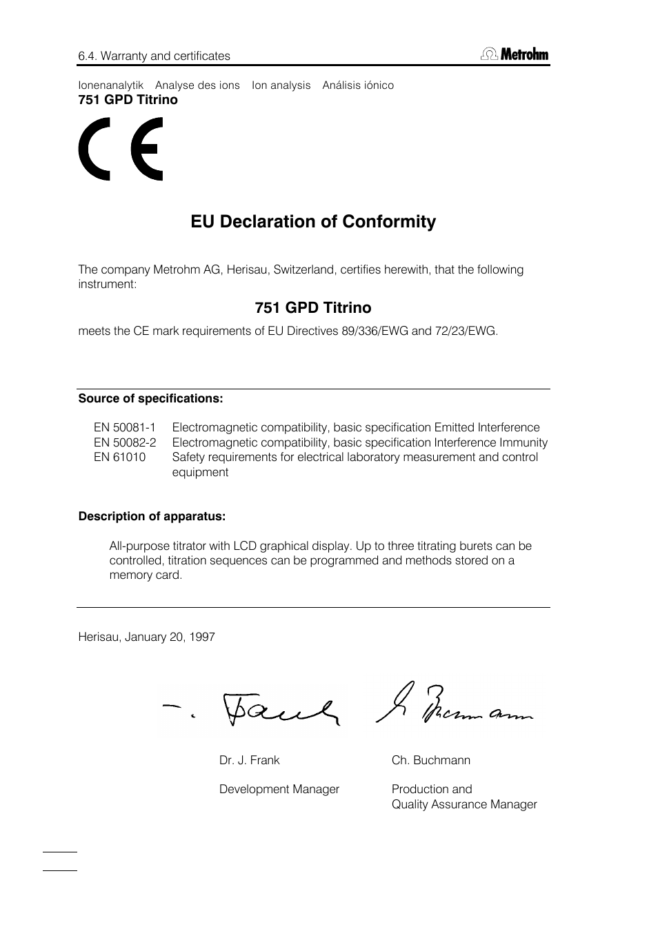 Eu declaration of conformity, 751 gpd titrino | Metrohm 751 GPD Titrino User Manual | Page 231 / 240