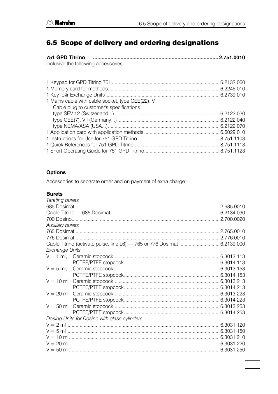 5 scope of delivery and ordering designations | Metrohm 751 GPD Titrino User Manual | Page 232 / 240