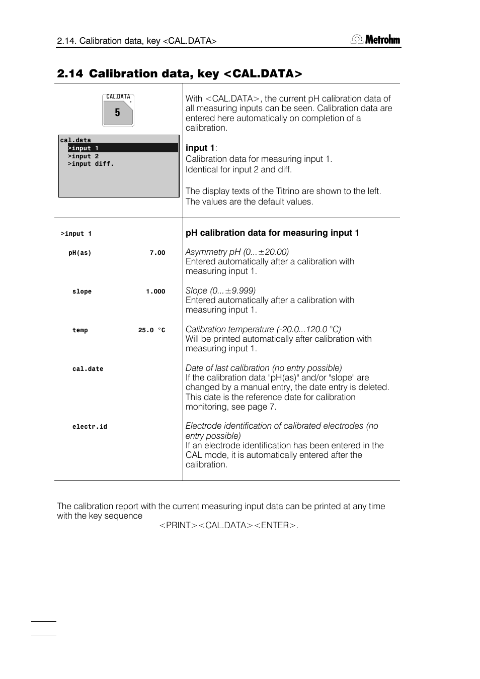 14 calibration data, key <cal.data | Metrohm 751 GPD Titrino User Manual | Page 97 / 240