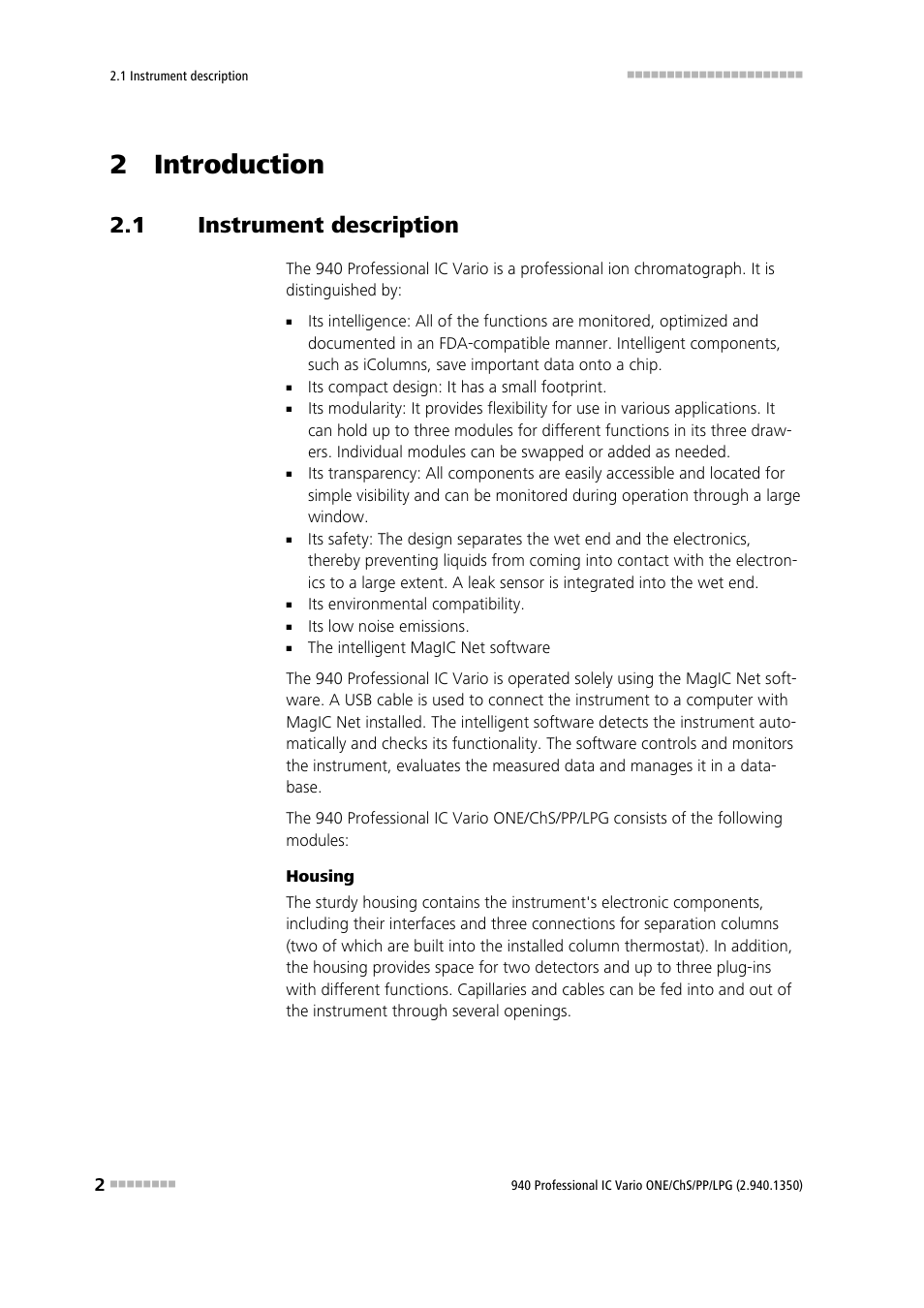 2 introduction, 1 instrument description, Instrument description | Metrohm 940 Professional IC Vario ONE/ChS/PP/LPG User Manual | Page 10 / 52