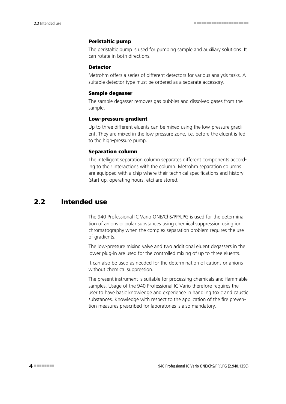 2 intended use, Intended use | Metrohm 940 Professional IC Vario ONE/ChS/PP/LPG User Manual | Page 12 / 52