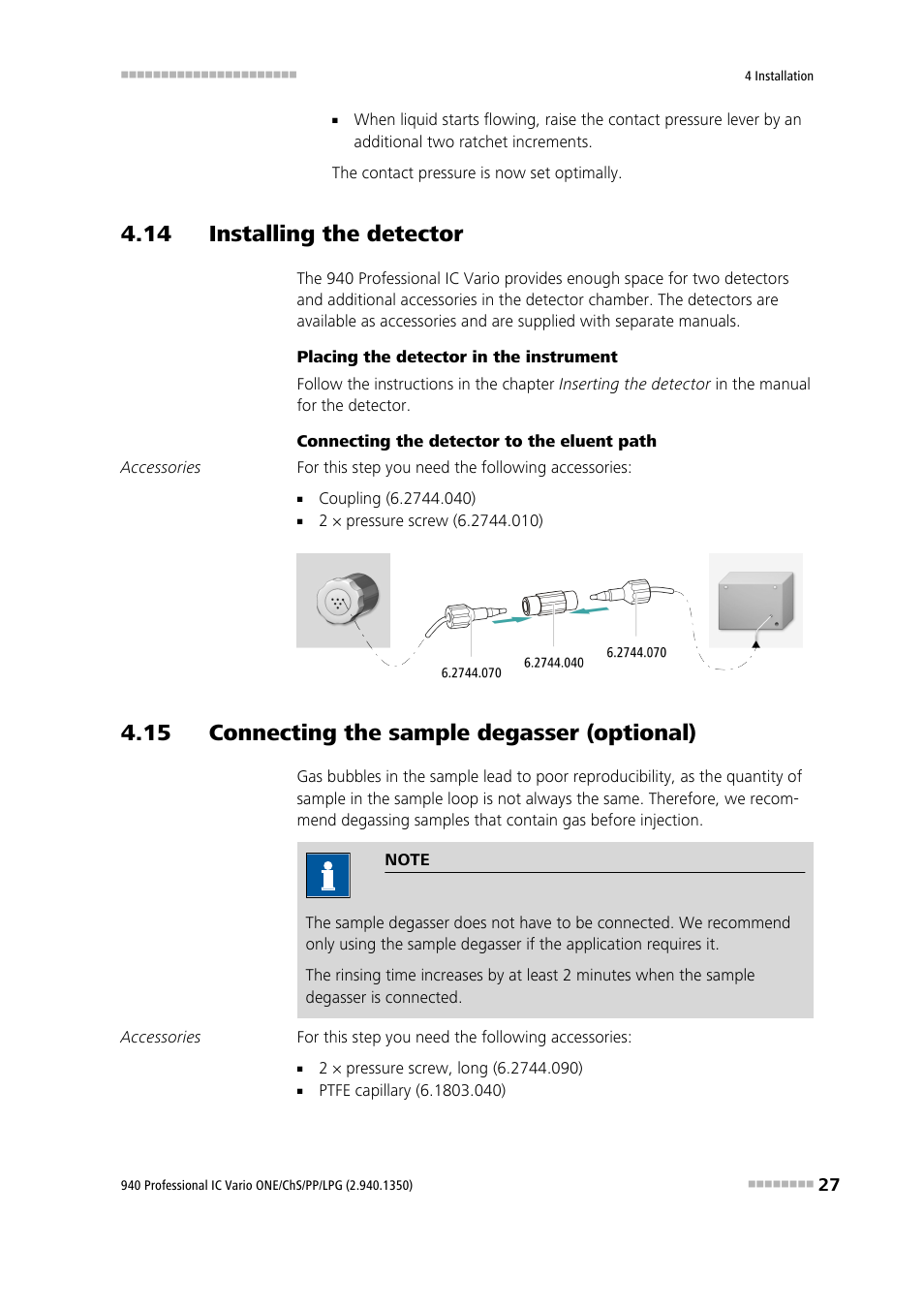 14 installing the detector, 15 connecting the sample degasser (optional) | Metrohm 940 Professional IC Vario ONE/ChS/PP/LPG User Manual | Page 35 / 52