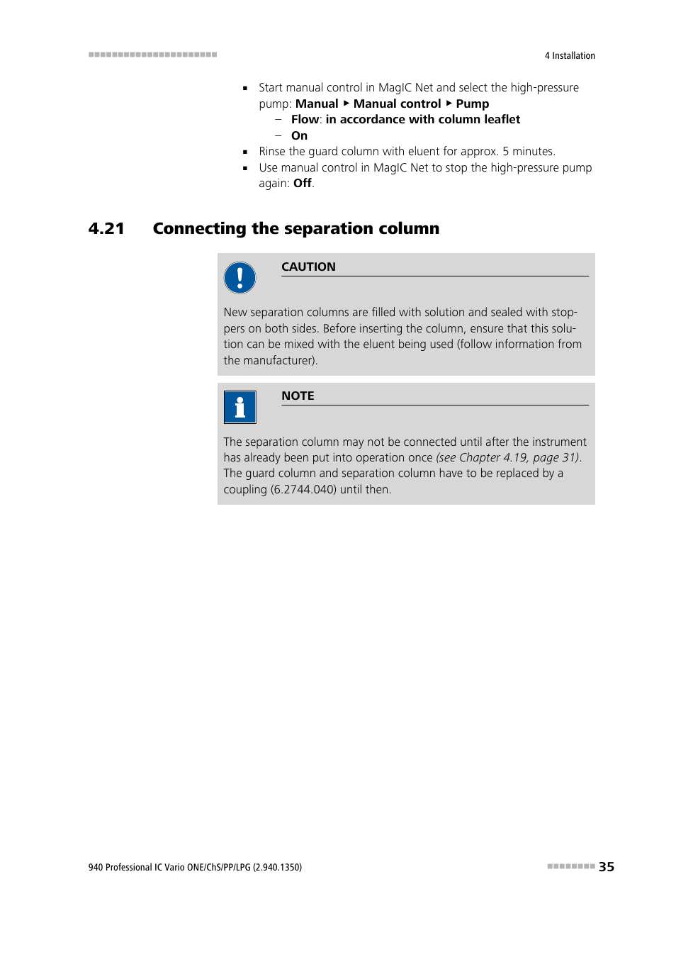 21 connecting the separation column | Metrohm 940 Professional IC Vario ONE/ChS/PP/LPG User Manual | Page 43 / 52