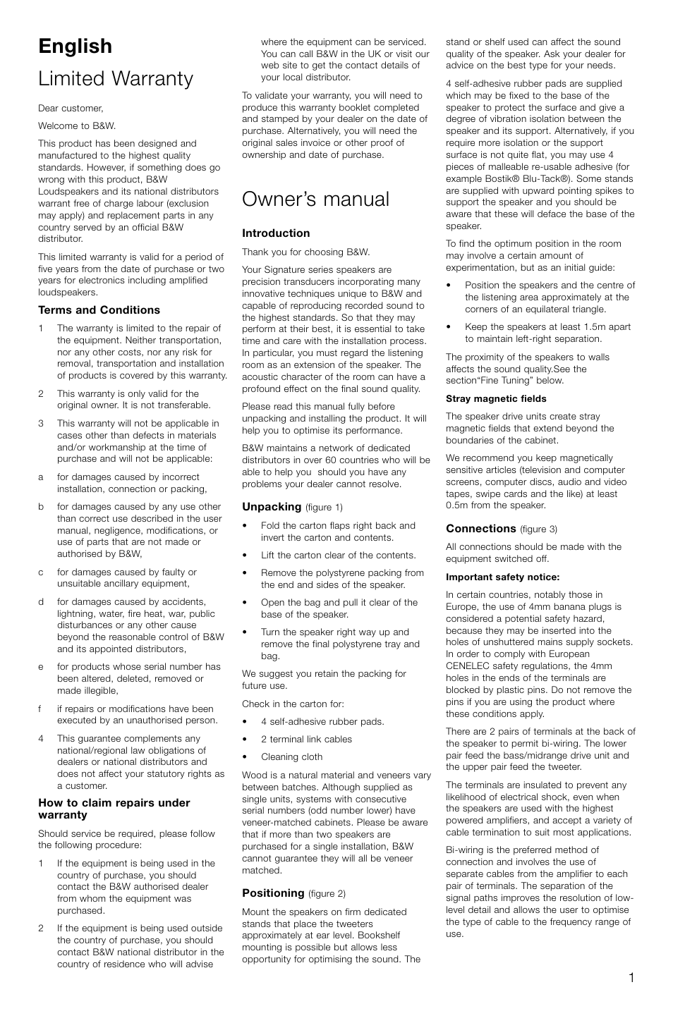 English limited warranty, Owner’s manual | Bowers & Wilkins Loudspeaker Signature 805 User Manual | Page 4 / 33