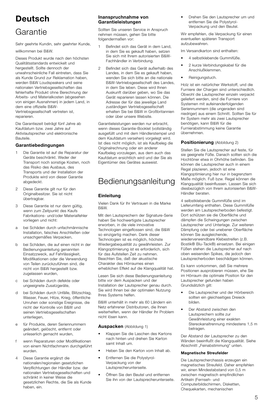 Deutsch garantie, Bedienungsanleitung | Bowers & Wilkins Loudspeaker Signature 805 User Manual | Page 8 / 33