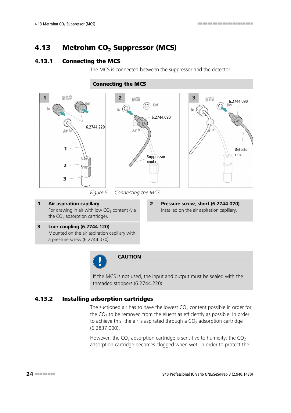 13 metrohm co2 suppressor (mcs), 1 connecting the mcs, 2 installing adsorption cartridges | 13 metrohm co, Suppressor (mcs), Connecting the mcs, Installing adsorption cartridges, Figure 5 | Metrohm 940 Professional IC Vario ONE/SeS/Prep 3 User Manual | Page 32 / 54