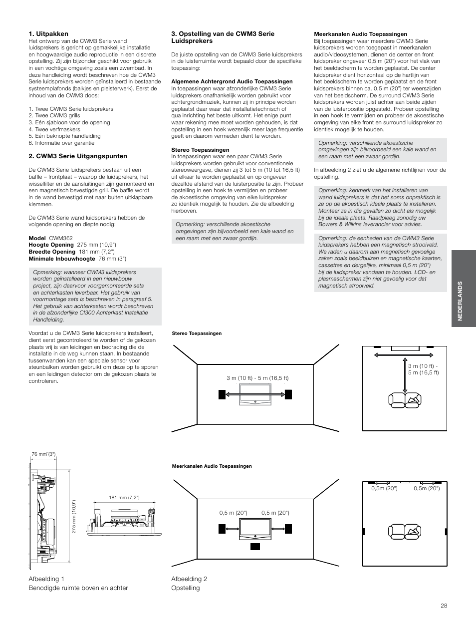 Uitpakken, Cwm3 serie uitgangspunten, Opstelling van de cwm3 serie luidsprekers | Uitpakken 23, Cwm3 serie, Uitgangspunten, Opstelling van, De cwm3 serie, Luidsprekers | Bowers & Wilkins CWM3 User Manual | Page 28 / 61