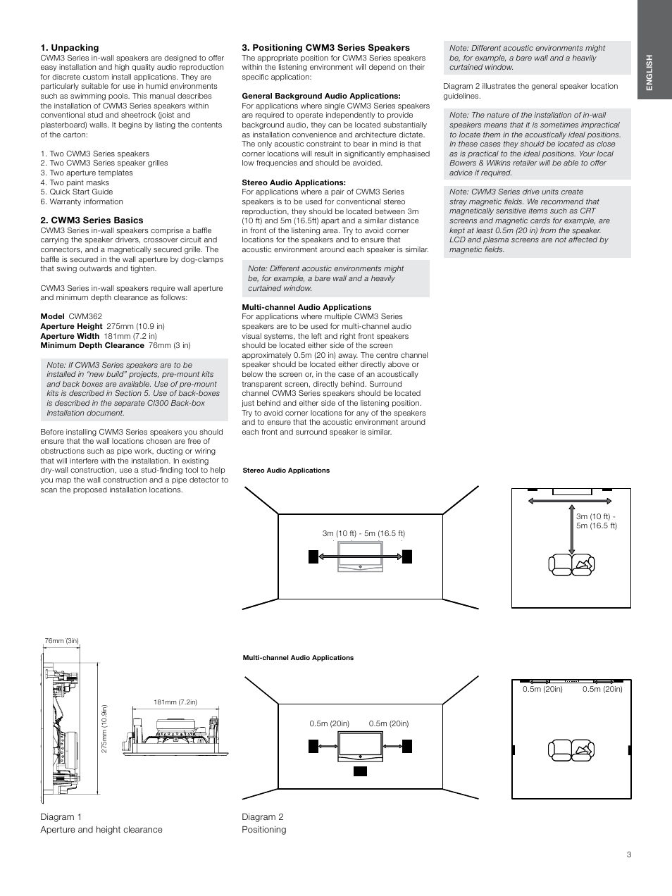 Unpacking, Cwm3 series basics, Positioning cwm3 series speakers | Positioning cwm3, Series speakers | Bowers & Wilkins CWM3 User Manual | Page 3 / 61