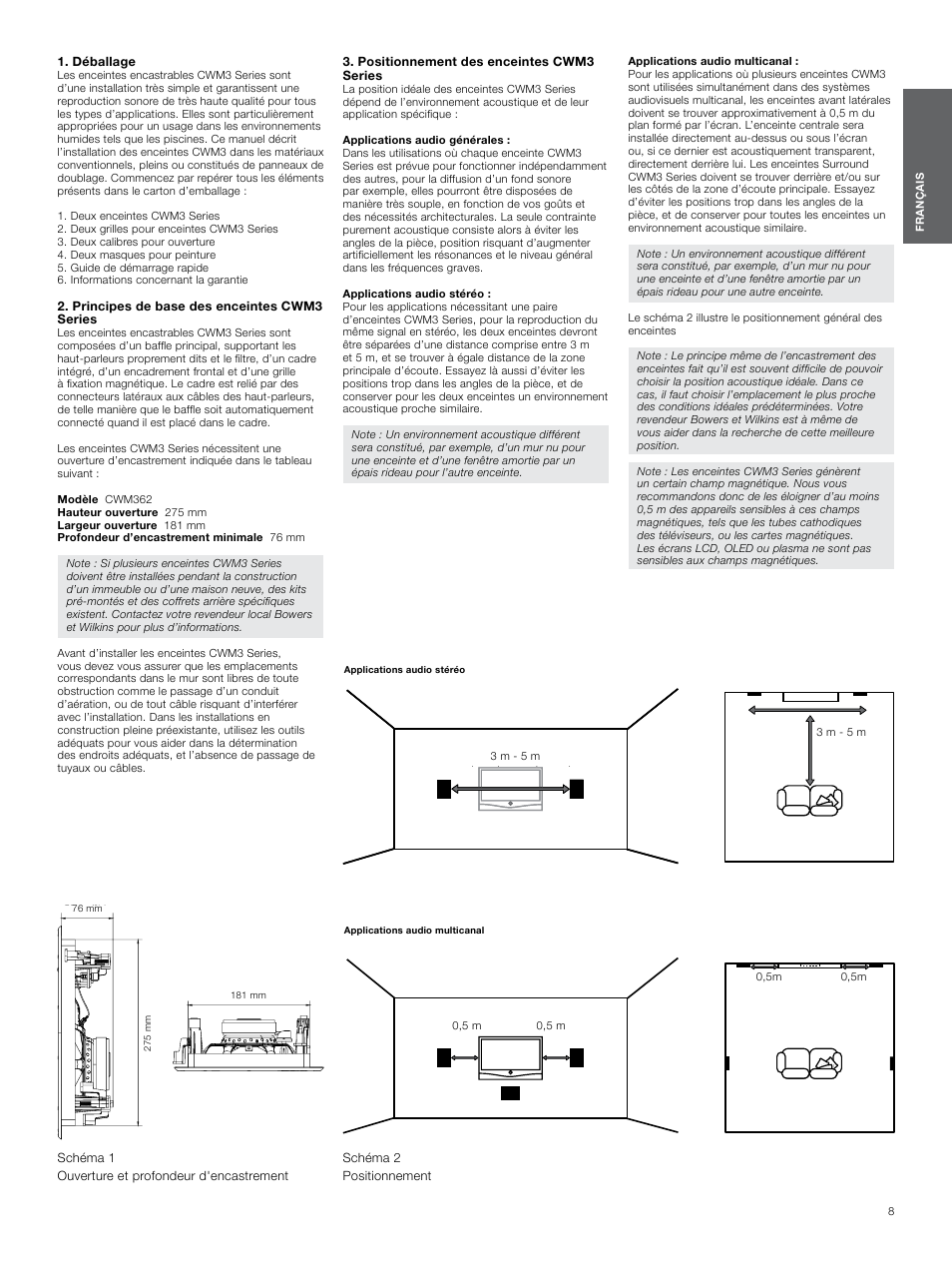 Déballage, Principes de base des enceintes cwm3 series, Positionnement des enceintes cwm3 series | Déballage 8, Principes de base des, Enceintes cwm3 series, Positionnement des | Bowers & Wilkins CWM3 User Manual | Page 8 / 61