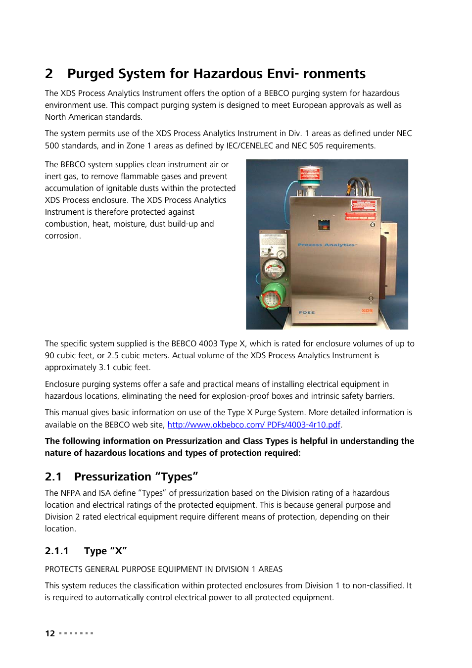 2 purged system for hazardous envi- ronments, 1 pressurization “types, 1 type “x | Purged system for hazardous envi- ronments, Pressurization “types, Type “x, 2purged system for hazardous envi- ronments | Metrohm NIRS XDS Process Analyzer – DirectLight/NonContact User Manual | Page 14 / 140