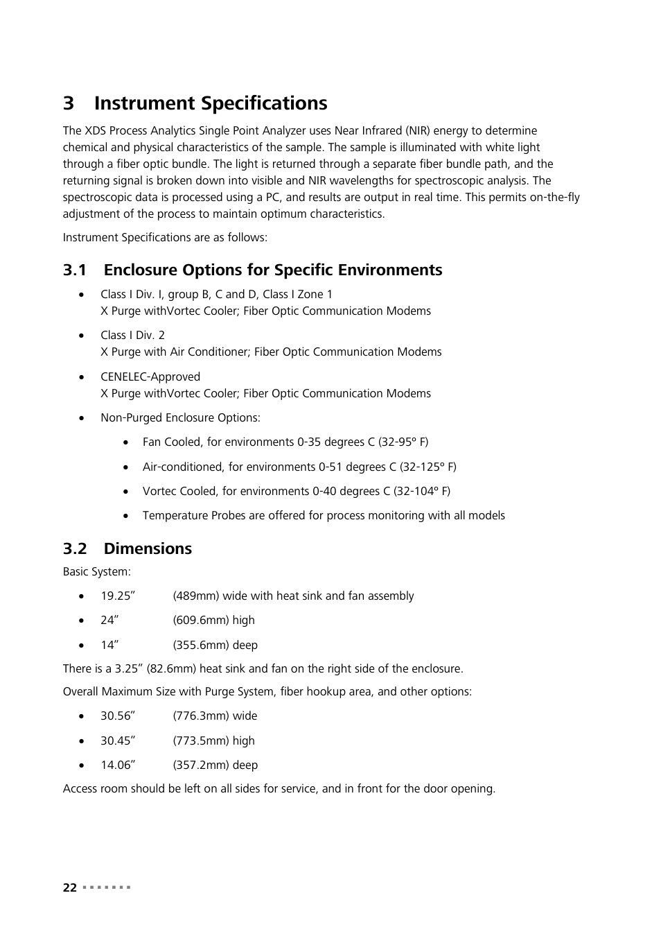 3 instrument specifications, 1 enclosure options for specific environments, 2 dimensions | Instrument specifications, Enclosure options for specific environments, Dimensions, 3instrument specifications | Metrohm NIRS XDS Process Analyzer – DirectLight/NonContact User Manual | Page 24 / 140