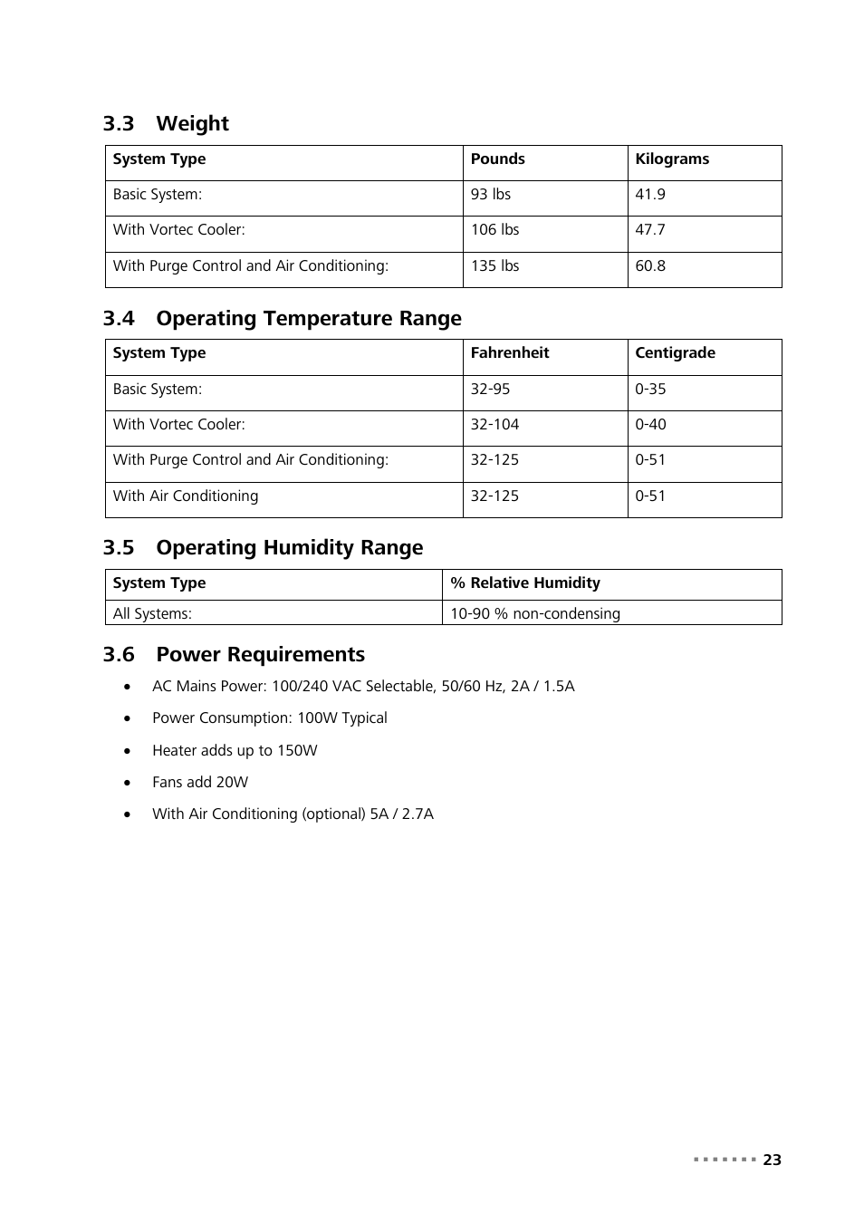 3 weight, 4 operating temperature range, 5 operating humidity range | 6 power requirements, Weight, Operating temperature range, Operating humidity range, Power requirements | Metrohm NIRS XDS Process Analyzer – DirectLight/NonContact User Manual | Page 25 / 140