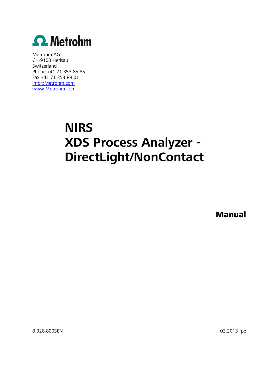 Nirs xds process analyzer - directlight/noncontact, Manual | Metrohm NIRS XDS Process Analyzer – DirectLight/NonContact User Manual | Page 3 / 140