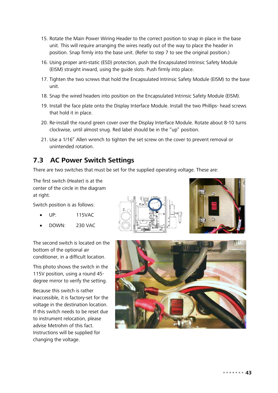 3 ac power switch settings, Ac power switch settings | Metrohm NIRS XDS Process Analyzer – DirectLight/NonContact User Manual | Page 45 / 140