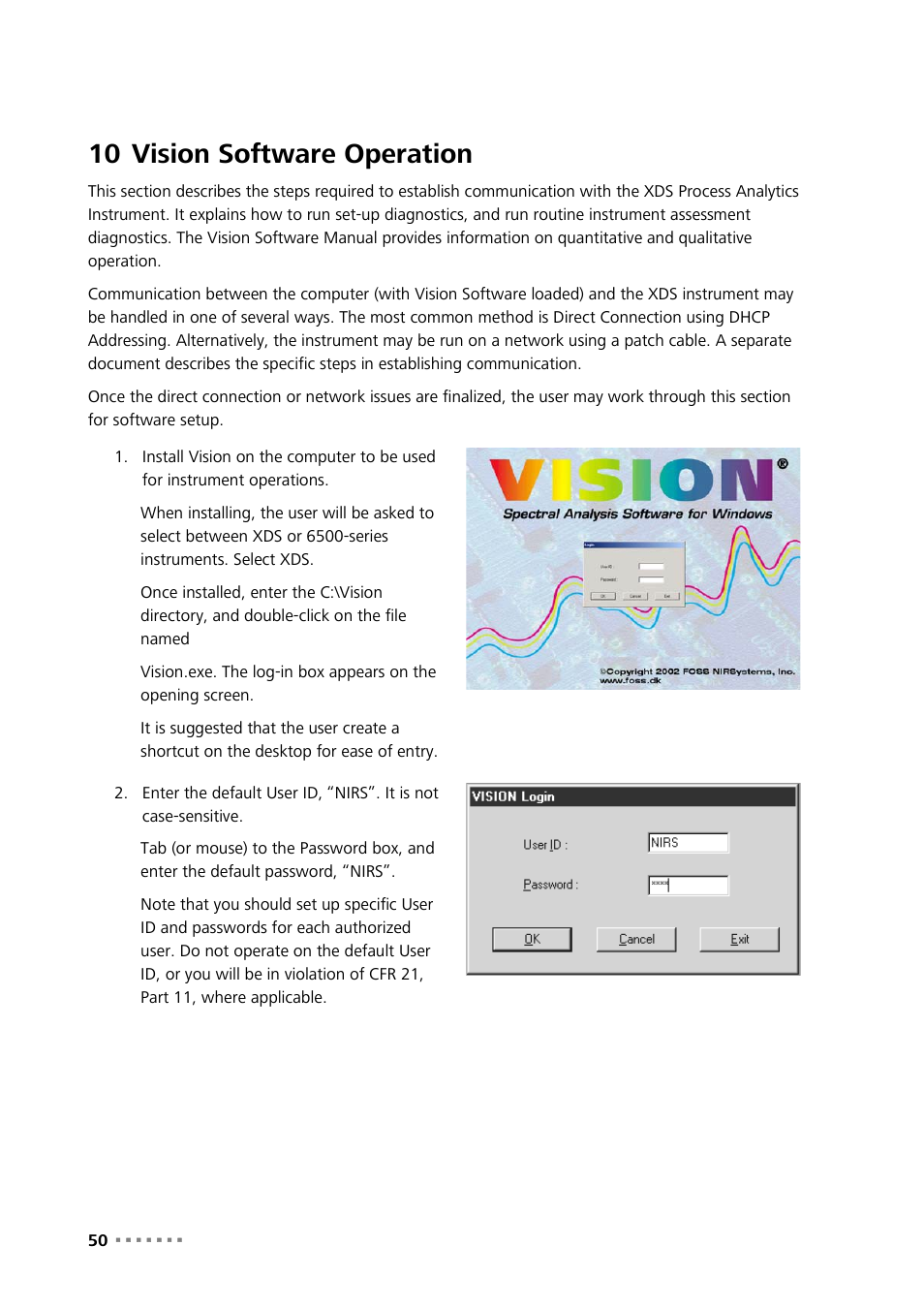 10 vision software operation, Vision software operation | Metrohm NIRS XDS Process Analyzer – DirectLight/NonContact User Manual | Page 52 / 140