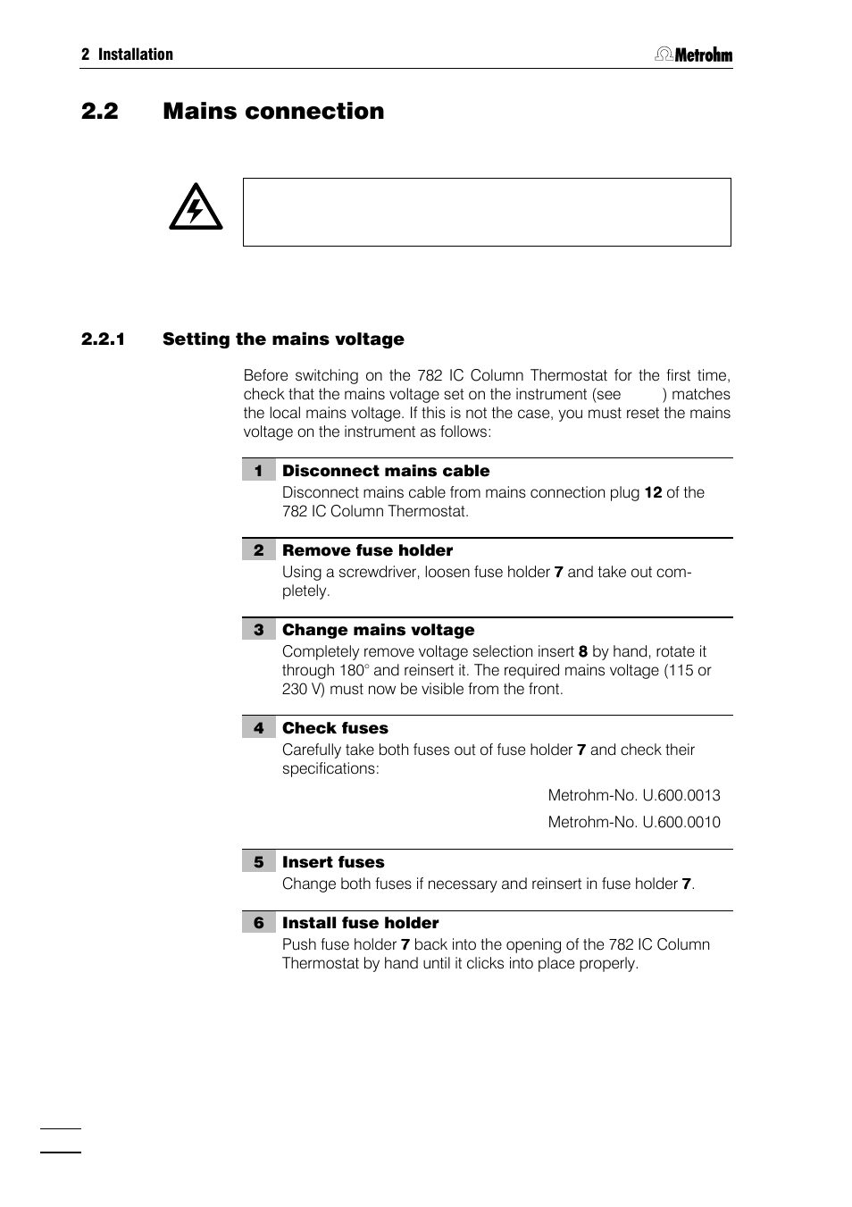 2 mains connection, 1 setting the mains voltage | Metrohm 782 IC Column Thermostat User Manual | Page 11 / 25