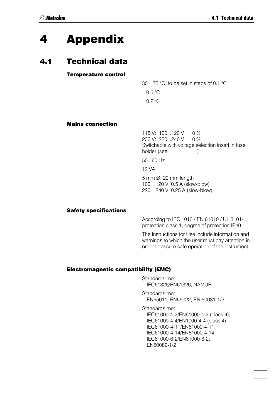 4 appendix, 1 technical data, Warranty | Eu declaration of conformity, Certificate of conformity and system validation, 4appendix | Metrohm 782 IC Column Thermostat User Manual | Page 18 / 25