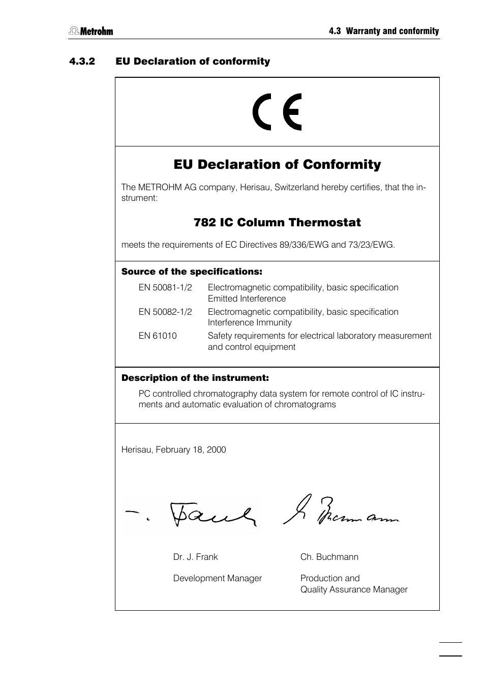 2 eu declaration of conformity, Eu declaration of conformity, 782 ic column thermostat | Metrohm 782 IC Column Thermostat User Manual | Page 22 / 25