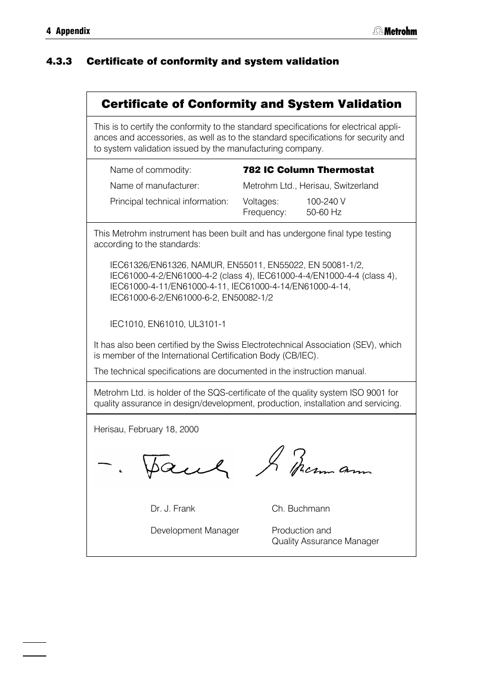 3 certificate of conformity and system validation, Certificate of conformity and system validation | Metrohm 782 IC Column Thermostat User Manual | Page 23 / 25