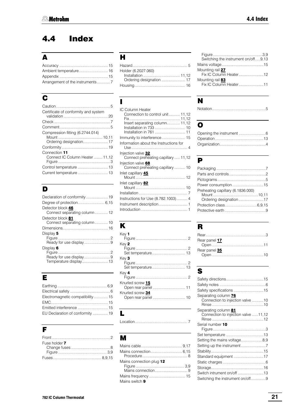 4 index | Metrohm 782 IC Column Thermostat User Manual | Page 24 / 25